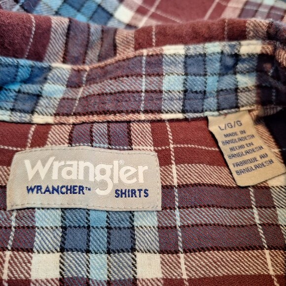 Wrangler Wrancher Men's Large Maroon Plaid Flannel Pearl Snap Button Up Shirt - Picture 2 of 9